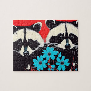 Adlige Raccoons mit blauem Blumenhintergrund Puzzle