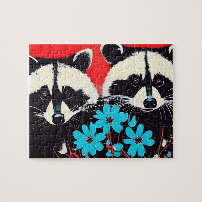 Adlige Raccoons mit blauem Blumenhintergrund Puzzle (Horizontal)