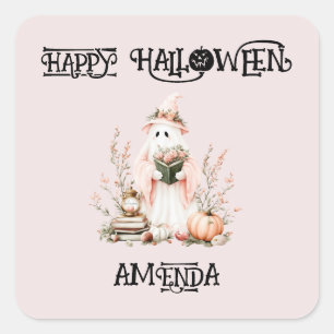 Adlige rosa, florale Kids Halloween Geist Quadratischer Aufkleber
