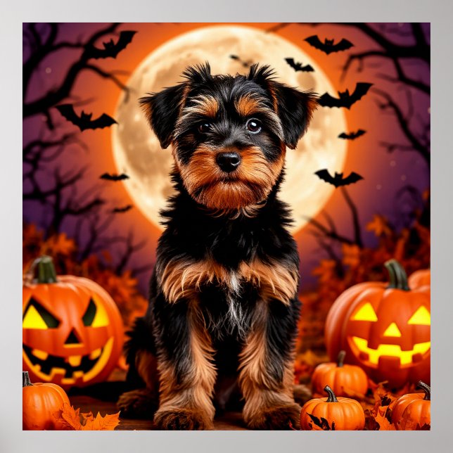 Adlige Welpe mit Halloween-Hintergrund Poster (Vorne)