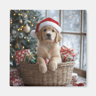 Adlige Welpe mit Weihnachtsmannmütze im Korb Magnet