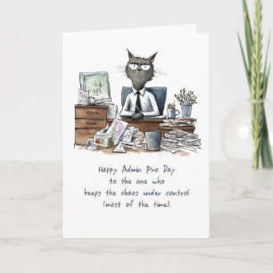 Admin Pro Day Funny Man Cat am Schreibtisch mit Pa Karte