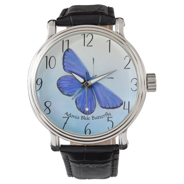 Adonis Blue Butterfly Wasserfarben Große Malerei Armbanduhr (Vorderseite)