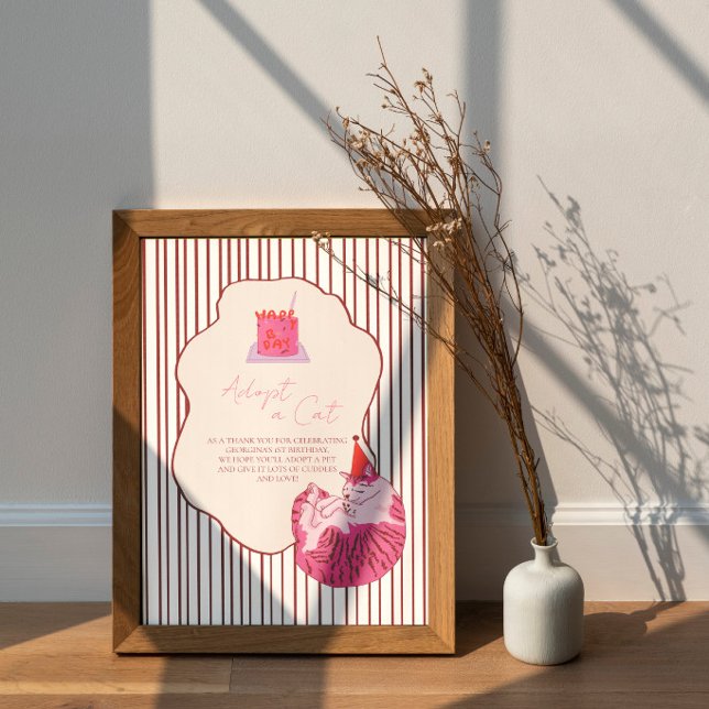 Adopt a Cat Pink Cake on Stripes Birthday Decor Poster (Von Creator hochgeladen)