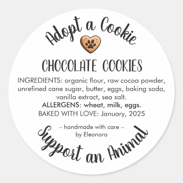 Adopt a Cookie Animal Rescue Bakery Ingredients Runder Aufkleber (Vorderseite)