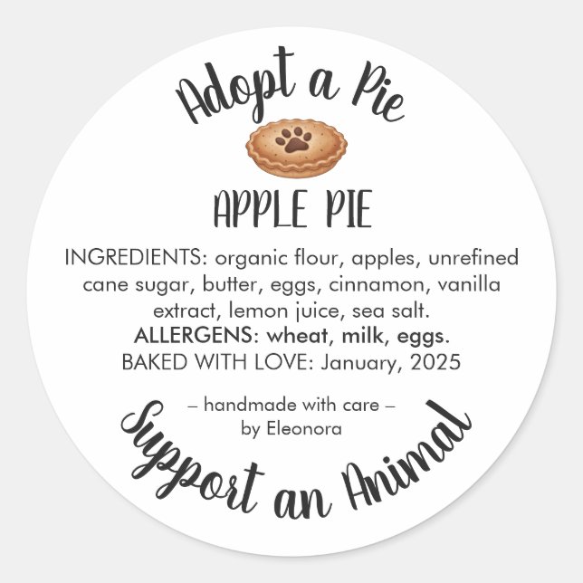 Adopt a Pie Animal Rescue Bakery Ingredients Runder Aufkleber (Vorderseite)
