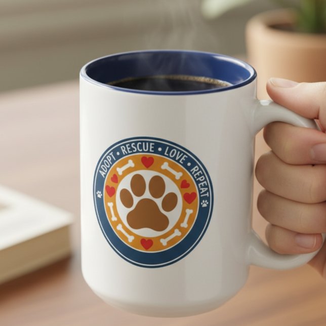 Adopt Rescue Love Repeat Paw Print  Zweifarbige Tasse (Pet rescue supporter mug)