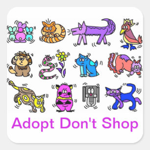 Adoptier Don't Shop, Cartoon Tiere Quadratischer Aufkleber