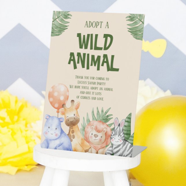 Adoptier einer Tierkindersafari zum Geburtstag Sockelschild (Adopt a wild animal party sign)