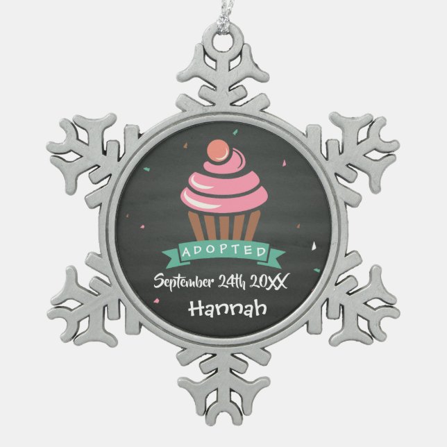 Adoptiert Cupcake - Individuelle Name Datum Schneeflocken Zinn-Ornament (Vorderseite)