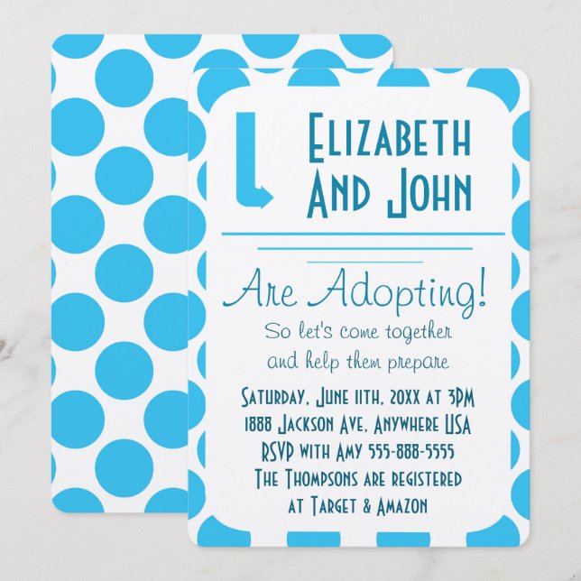 Adoption Dusche Moderne Blauer und weiße Punkte la Einladung (Vorne/Hinten)