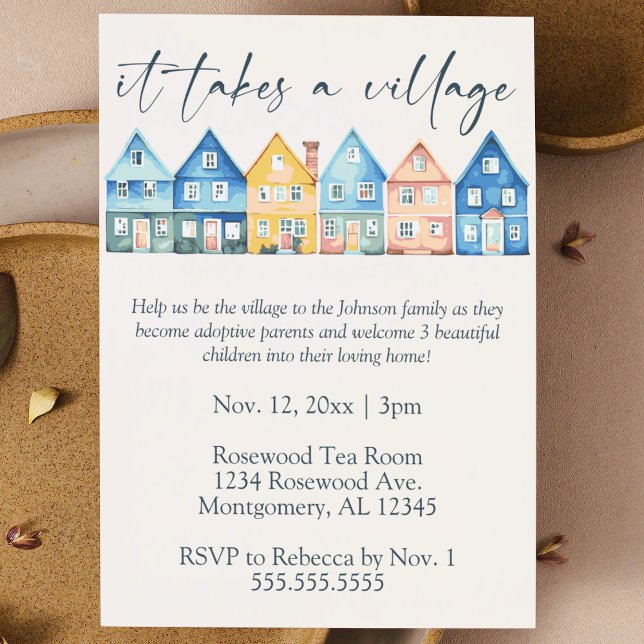 Adoption "Es braucht ein Dorf" Pflegedusche Einladung ("it takes a village" foster / adoptive baby or child shower invitation cute watercolor pastel houses)