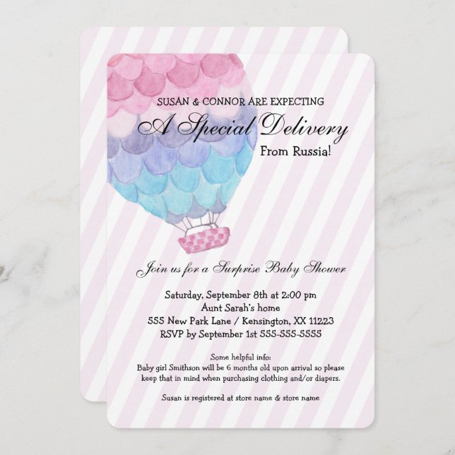 Adoption Girl Babydusche, rosa Heißluftballon Einladung (Vorne/Hinten)