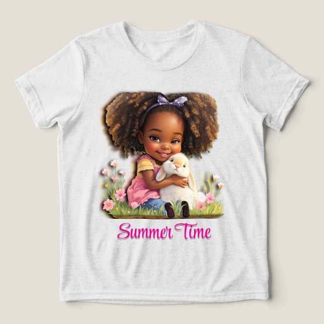 Adorable African-American Girl With Pet Bunny Tri-Blend Shirt (Design Vorderseite)