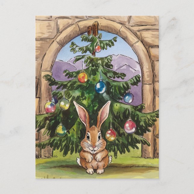 Adorable Alberne Weihnachtsrabbit unter dem Baum Postkarte (Vorderseite)
