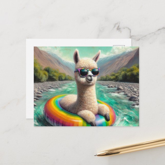 Adorable Alpaca auf einem Regenbogenfarbenfloss Postkarte (Vorderseite/Rückseite Beispiel)