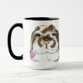 Adorable American Fuzzy Lop Rabbit mit rosa Tulip Tasse