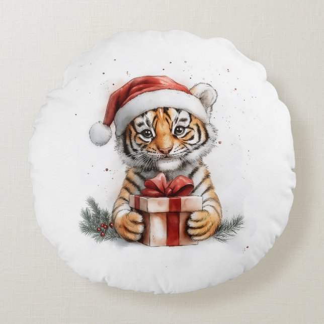 Adorable Animal Christmas Series Baby Tiger Rundes Kissen (Vorderseite)