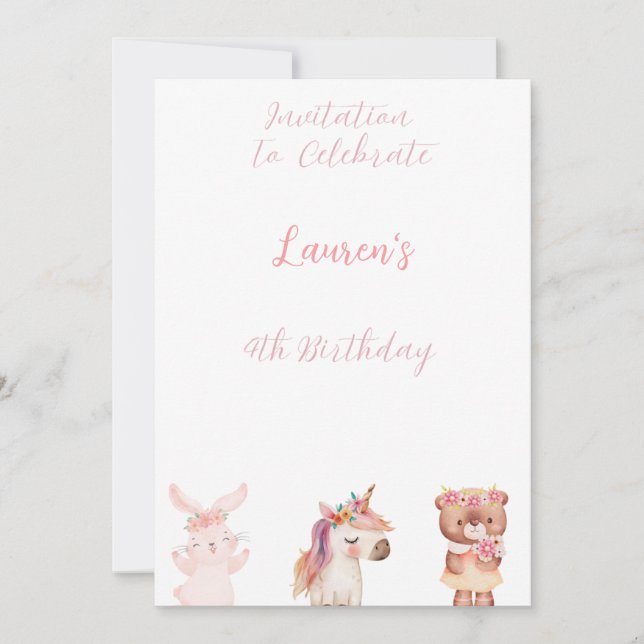 Adorable "Animals" 4. Geburtstag Einladung (Vorderseite)