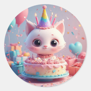 Adorable Animated Cat feiert Geburtstagsparty Runder Aufkleber