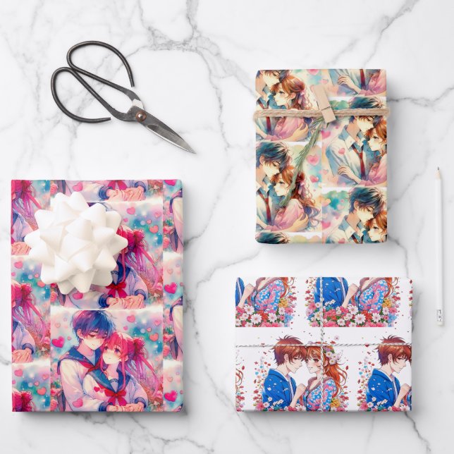 Adorable Anime Boy and Girl Red Hearts Geschenkpapier Set (Vorderseite)