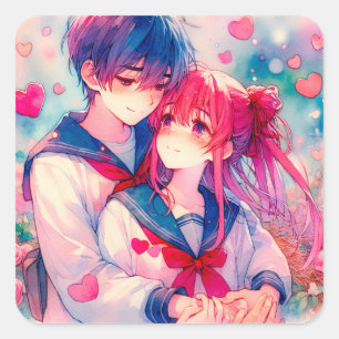 Adorable Anime Boy and Girl Red Hearts Quadratischer Aufkleber