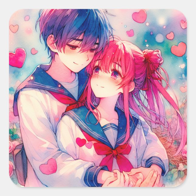 Adorable Anime Boy and Girl Red Hearts Quadratischer Aufkleber (Vorderseite)