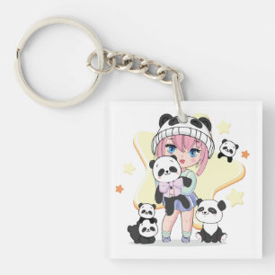 Adorable Anime Girl umgeben von Panda Toys Schlüsselanhänger