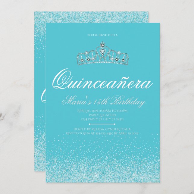 Adorable Aqua Glitzer, Einladungen zur Quinceanera (Vorne/Hinten)