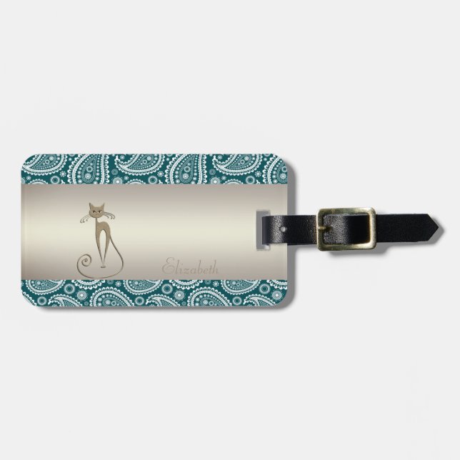 Adorable Aquamarin Blue, White Paisley, Cat -Perso Gepäckanhänger (Vorderseite horizontal)