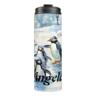 Adorable Aquarellpinguine auf Eis Thermosbecher