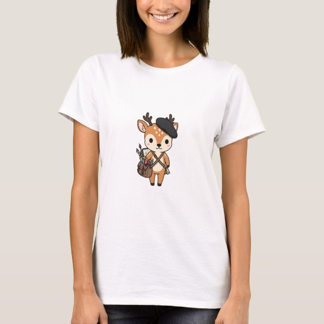 Adorable Artist Deer with Beret and Art Supplies T-Shirt (Vorderseite)
