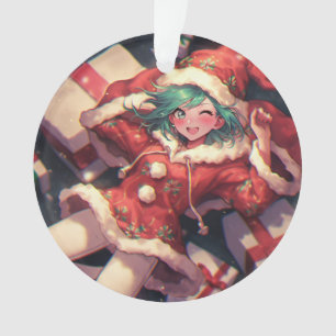 Adorable aufgeregte Weihnachtsmädchen und Geschenk Ornament