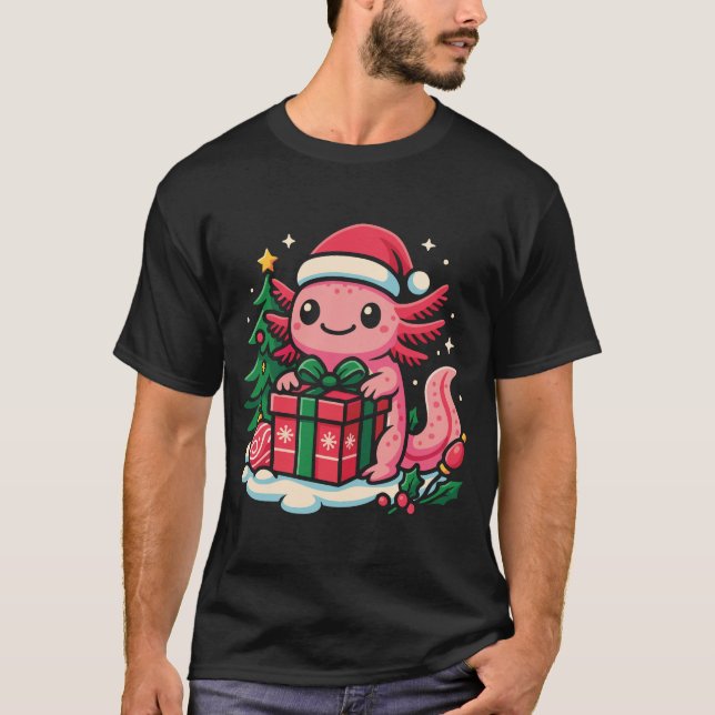 Adorable Axolotl Wearing a Santa Hat Holding a Chr T-Shirt (Vorderseite)