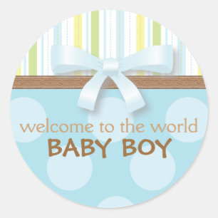 Adorable Baby Boy Stripes + Dots Blue Green w Bow Runder Aufkleber