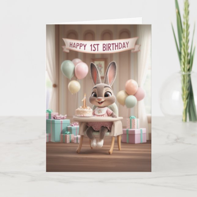 Adorable Baby Bunny First Birthday Celebration Karte (Vorderseite)