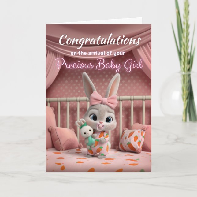 Adorable Baby Bunny in Pink Congrats New Baby Girl Karte (Vorderseite)