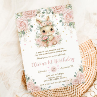 Adorable Baby Bunny Rabbit Blush 1. Geburtstag Einladung