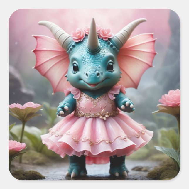 Adorable Baby Dino in rosa Kleid Quadratischer Aufkleber (Vorderseite)