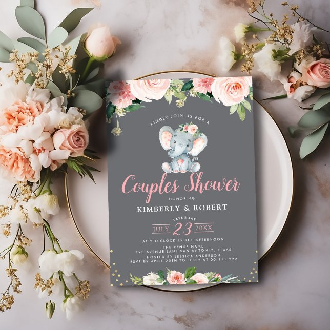Adorable Baby Elefant Rosa Blumenpaare Dusche Einladung (Von Creator hochgeladen)