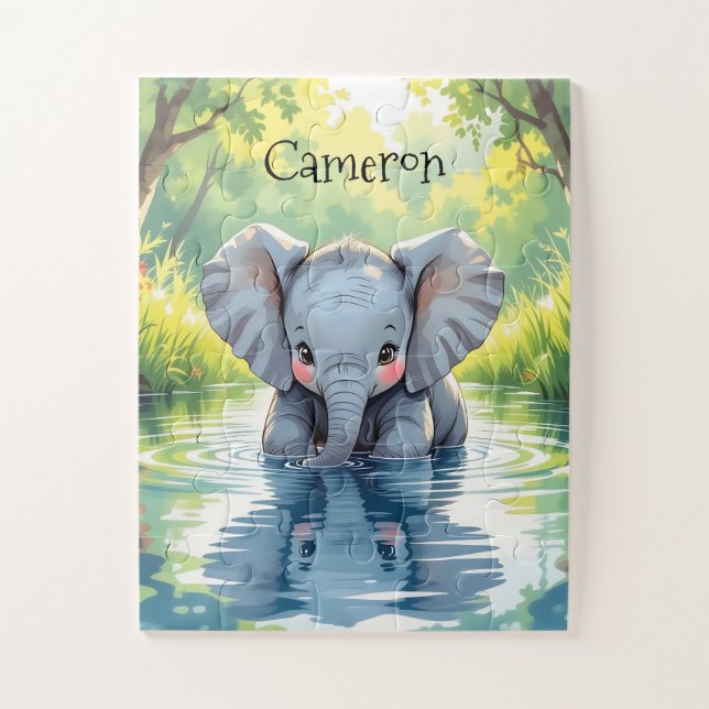 Adorable Baby Elephant and Reflection Personalized Puzzle (Vertikal)