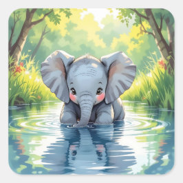 Adorable Baby Elephant and Reflection Quadratischer Aufkleber