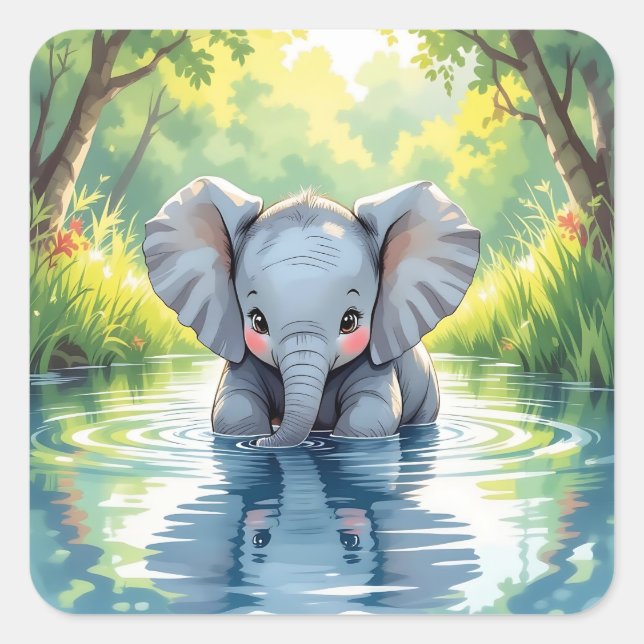 Adorable Baby Elephant and Reflection Quadratischer Aufkleber (Vorderseite)