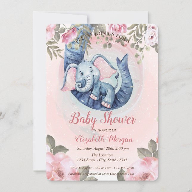 Adorable Baby Elephant Floral Baby Dusche Einladung (Vorderseite)