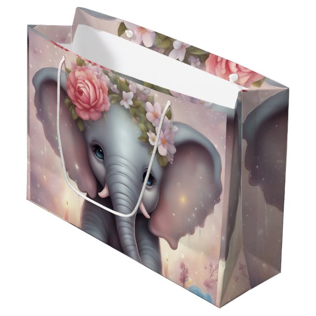 Adorable Baby Elephant mit Blume Große Geschenktüte (Vorderseite Schrägansicht)