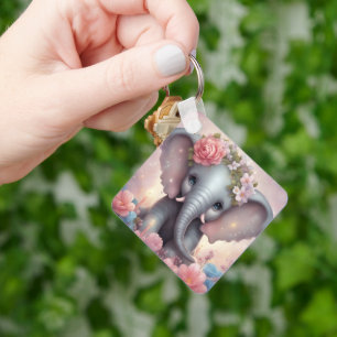 Adorable Baby Elephant mit Blume Schlüsselanhänger