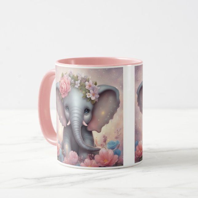 Adorable Baby Elephant mit Blume Tasse (Vorderseite Links)