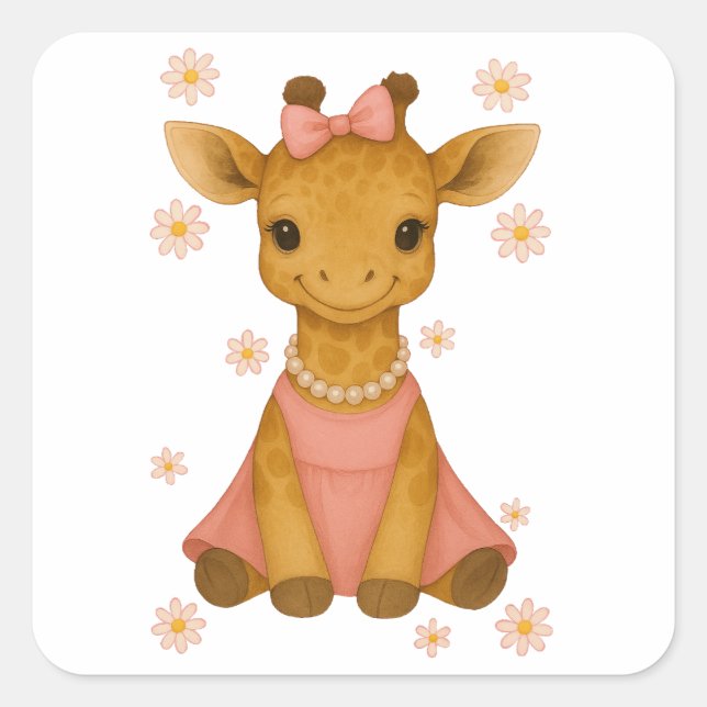 Adorable Baby Giraffe in Pink Girl Babydusche Quadratischer Aufkleber (Vorderseite)