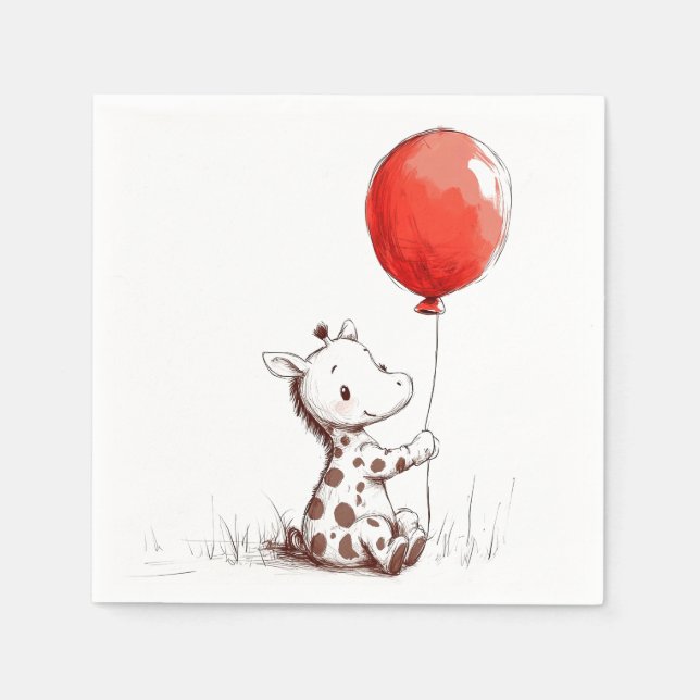 Adorable Baby Giraffe mit Red Balloon Serviette (Vorderseite)