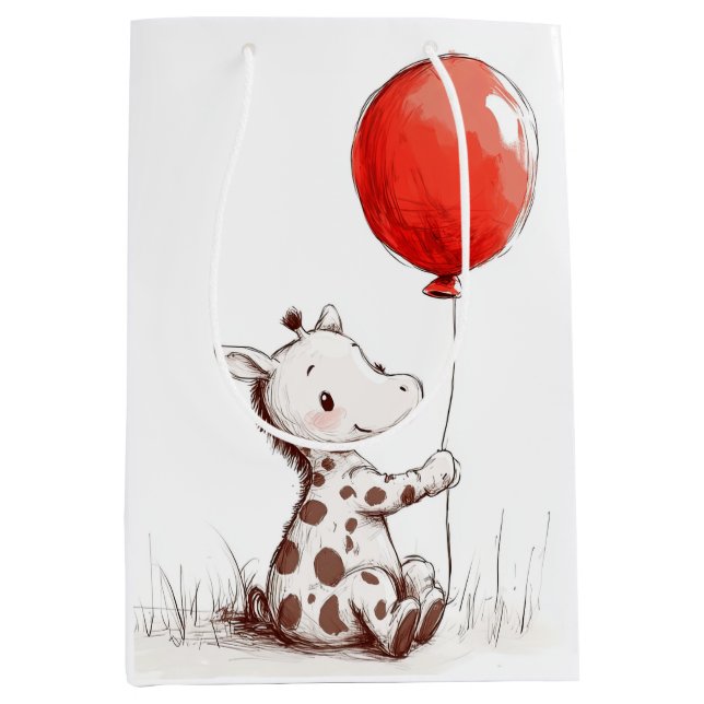 Adorable Baby Giraffe mit Red Balloon Spiral Mittlere Geschenktüte (Vorderseite)